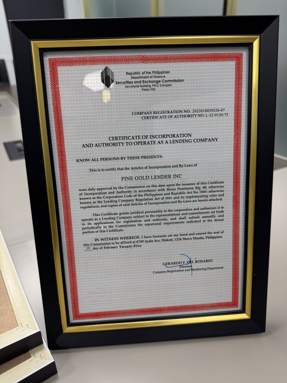 Official SEC registered business permit displayed for trust